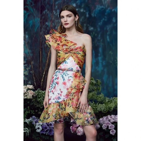 Marchesa Notte Colorblock Floral One-Shoulder Twisted Ruffle Dress Ivory Size 16 - Picture 2 of 13